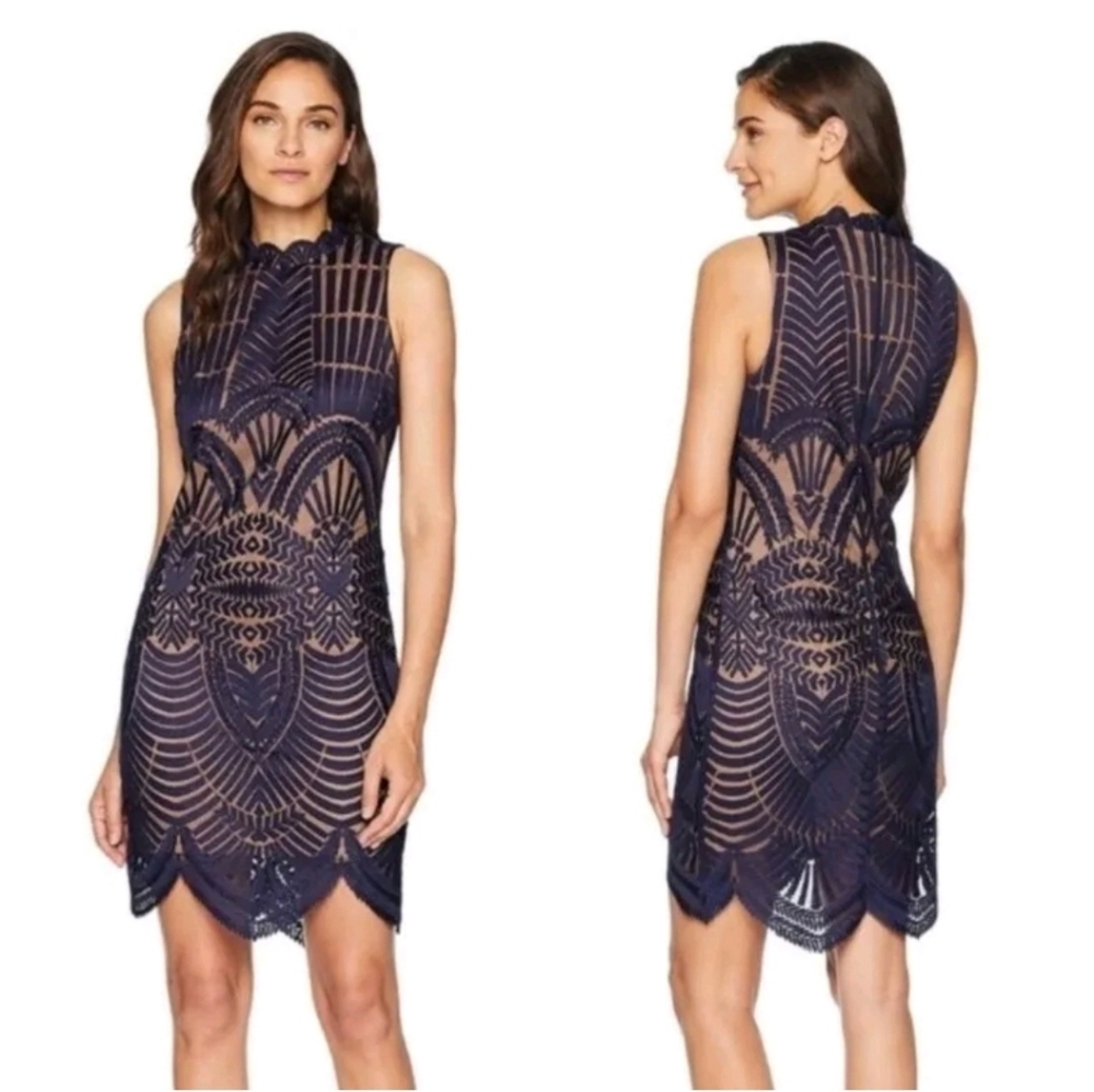 Bardot Alice BLUE  Lace Bodycon Knee Length Lace Embroidered Geometric Print S